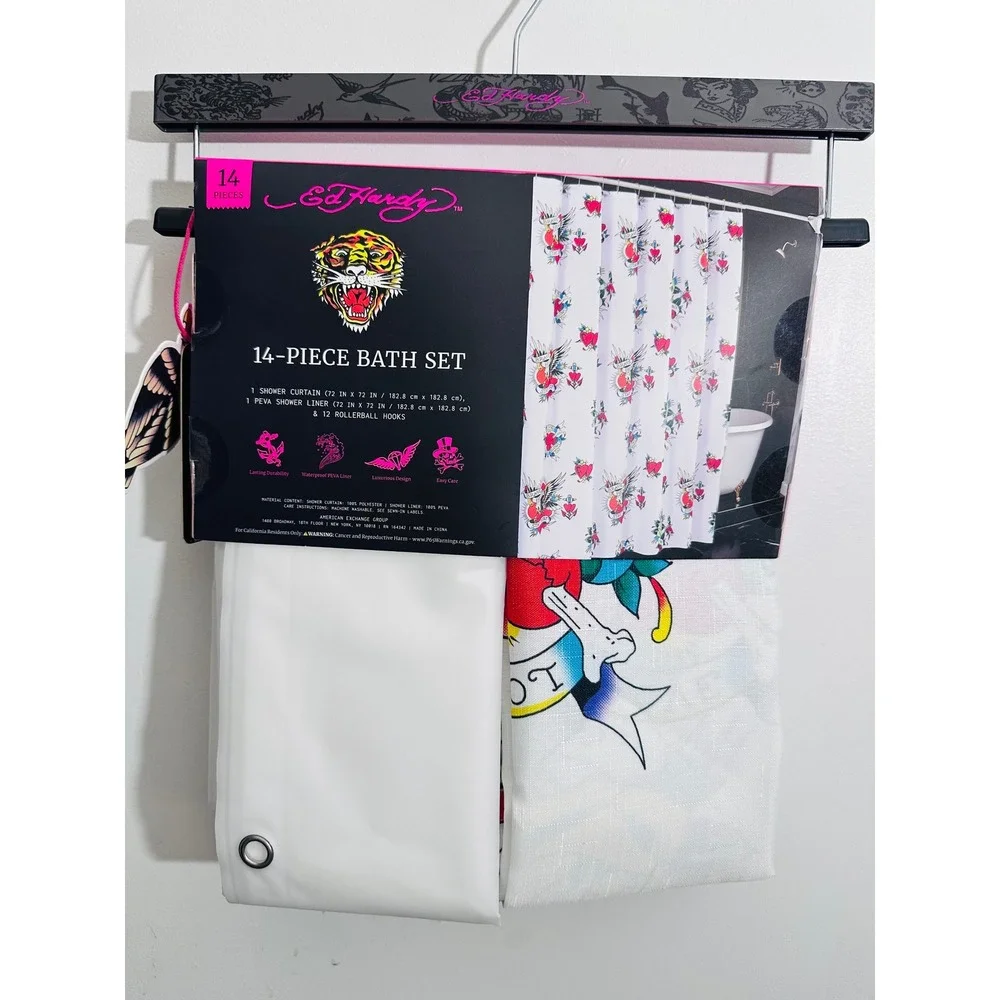 NWT Ed Hardy 14 Pc Shower Curtain Set Tattoo Eagle Heart Y2K Goth Bathroom Decor